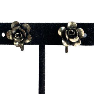 925 Sterling Silver Vintage Jewel Art Rose Screw Back Earrings Flower Signed